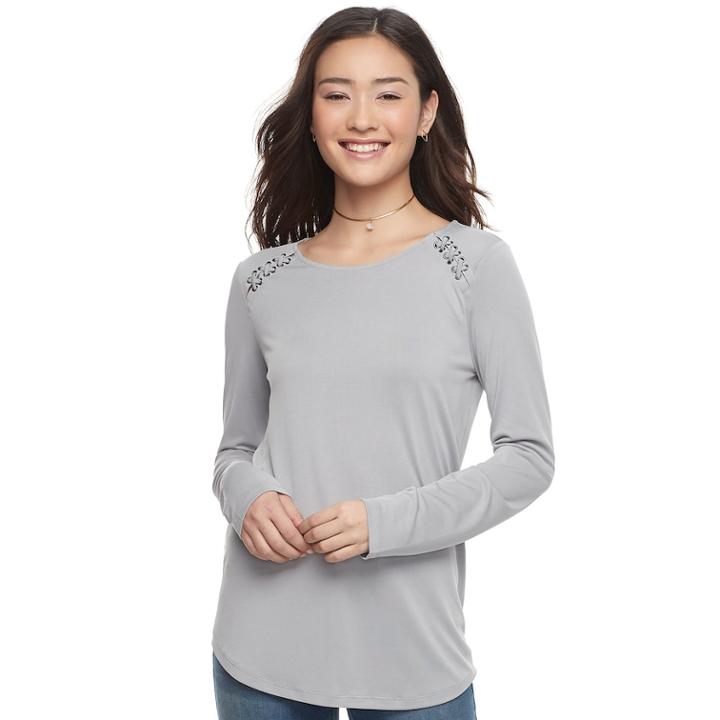 Juniors' Pink Republic Lace-up Raglan Tee, Teens, Size: Xl, Med Grey
