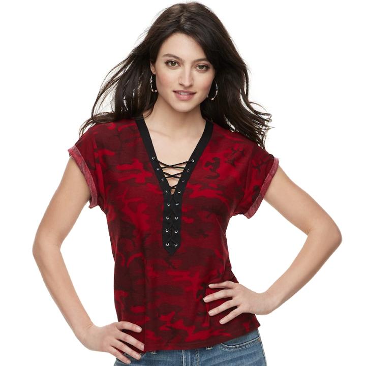 Women's Rock & Republic&reg; Lace-up French Terry Tee, Size: Large, Dark Red