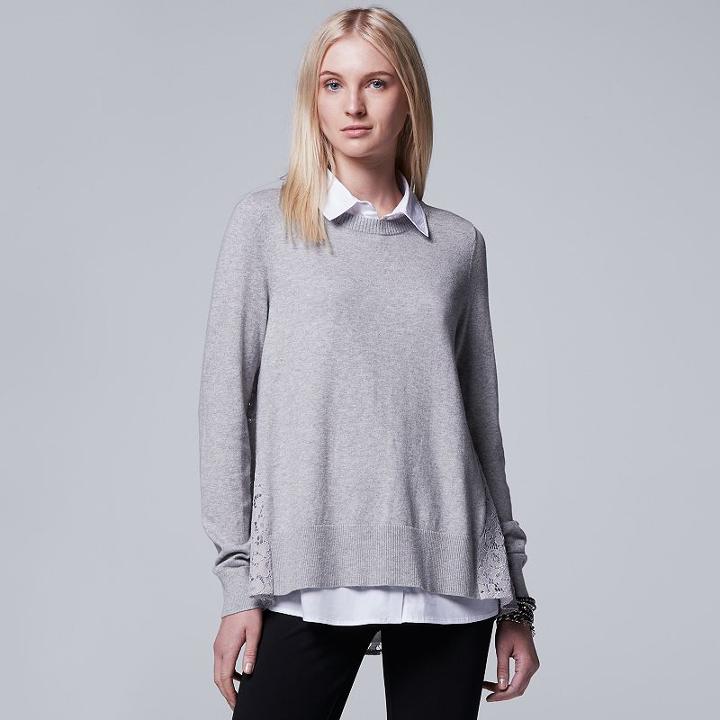 Women's Simply Vera Vera Wang Mock-layer Lace Top, Size: Xl, Light Grey
