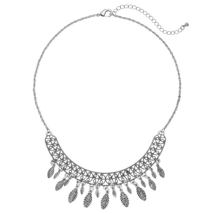 Antiqued Leaf Fringe Necklace, Women's, Silver