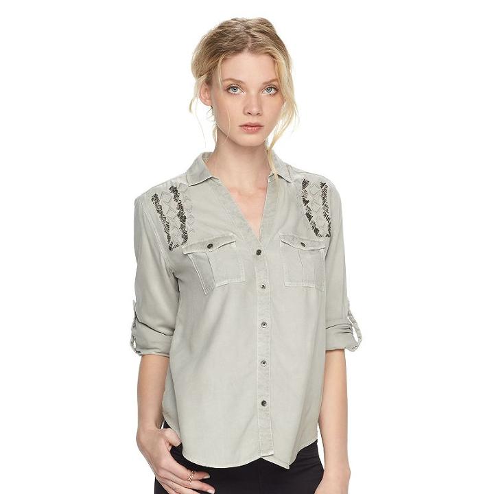 Women's Rock & Republic® Embellished Roll-cuff Shirt, Size: Xl, Silver