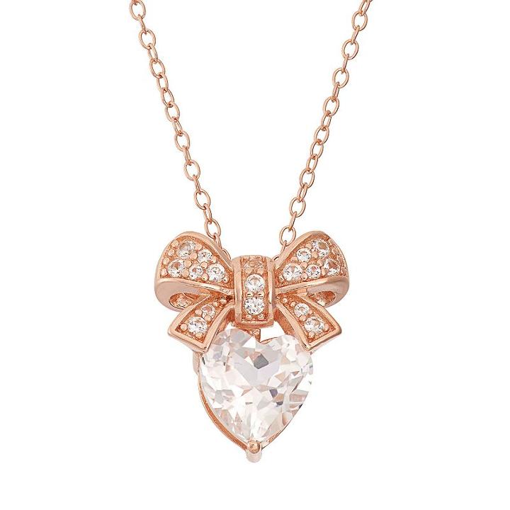 Lab-created White Sapphire 18k Rose Gold Over Silver Bow & Heart Pendant Necklace, Women's, Size: 18
