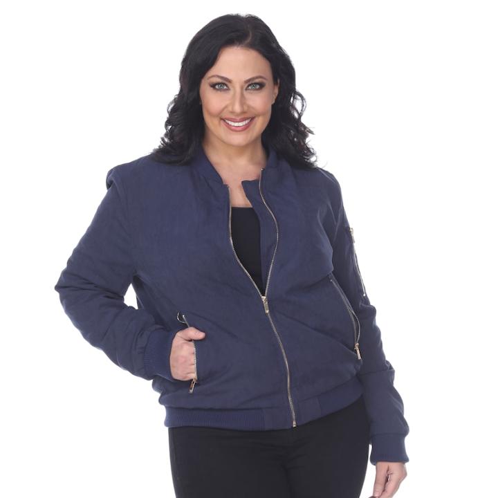 Plus Size White Mark Bomber Jacket, Women's, Size: 3xl, Blue (navy)