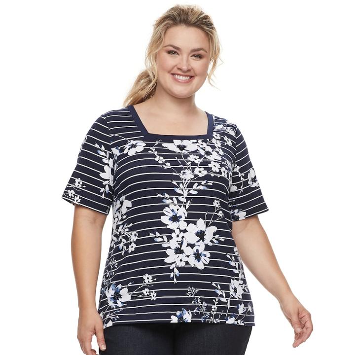 Plus Size Croft & Barrow&reg; Squareneck Elbow Sleeve Tee, Women's, Size: 2xl, Dark Blue