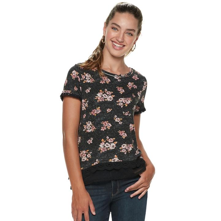 Juniors' Rewind Printed Lace Tee, Teens, Size: Xs, Black