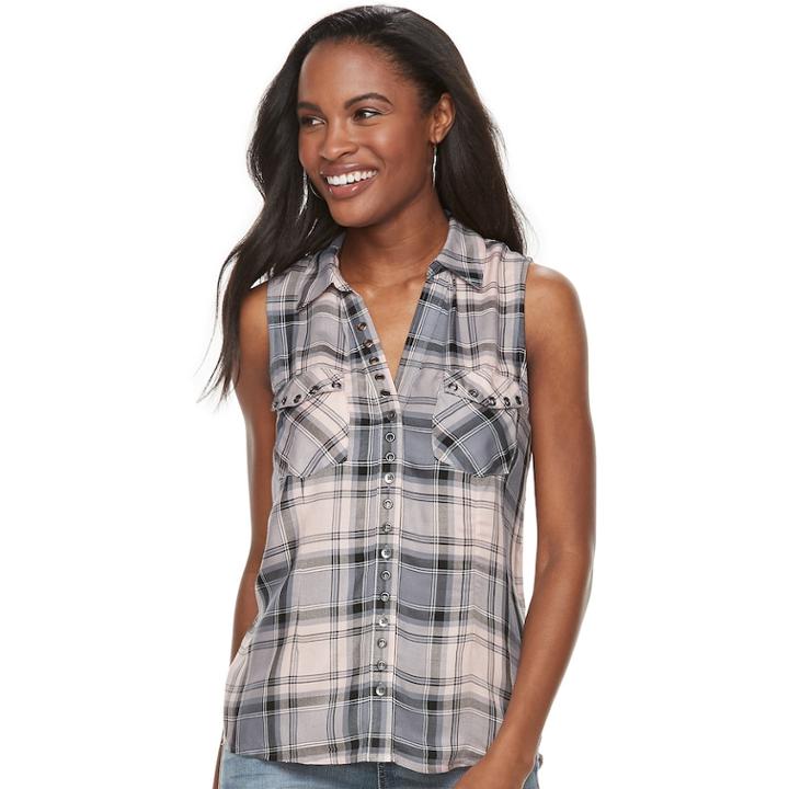 Women's Rock & Republic&reg; Plaid Grommet Tank, Size: Xs, Light Pink