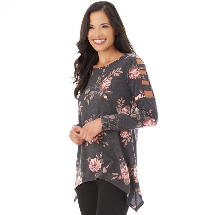 Women's Apt. 9&reg; Sharkbite Cage Top, Size: Medium, Dark Charcoal Floral