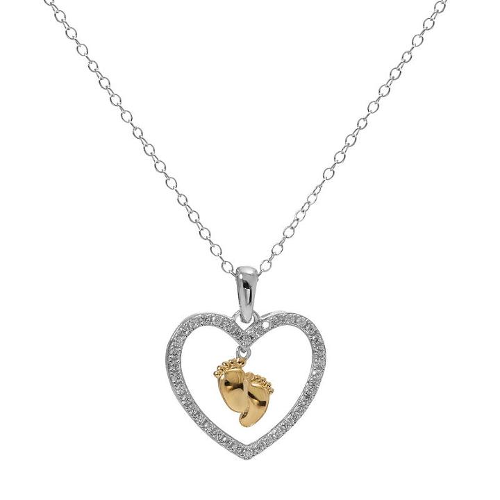 Hallmark Two Tone Sterling Silver Cubic Zirconia Baby Feet Heart Pendant, Women's, Size: 18, White