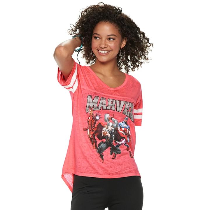 Marvel The Avengers Juniors' Group Shot Striped Tee, Teens, Size: Small, Med Pink