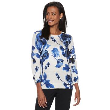 Women's Cathy Daniels Crewneck Floral Sweater, Size: Large, Blue Blooms