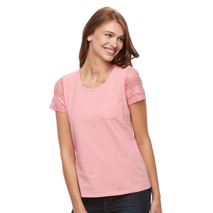 Women's Caribbean Joe Lace-sleeve Scoopneck Tee, Size: Medium, Med Red
