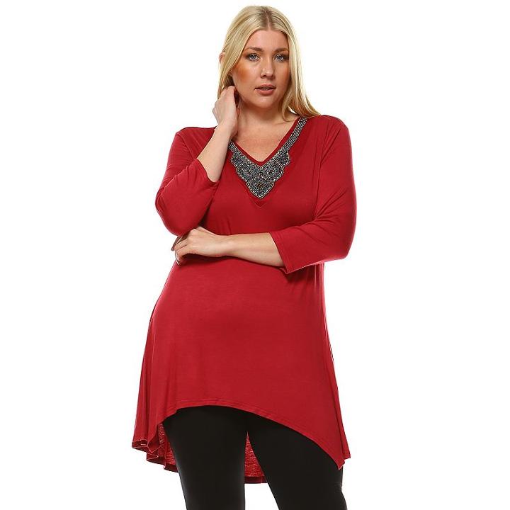 Plus Size White Mark Beaded High-low Hem Tunic, Women's, Size: 3xl, Red Other