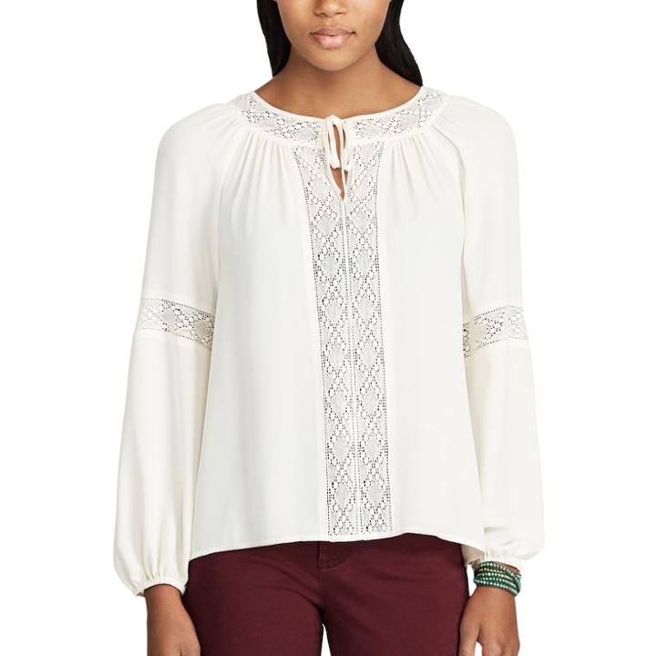 Women's Chaps Lace-trim Georgette Peasant Top, Size: Xl, White