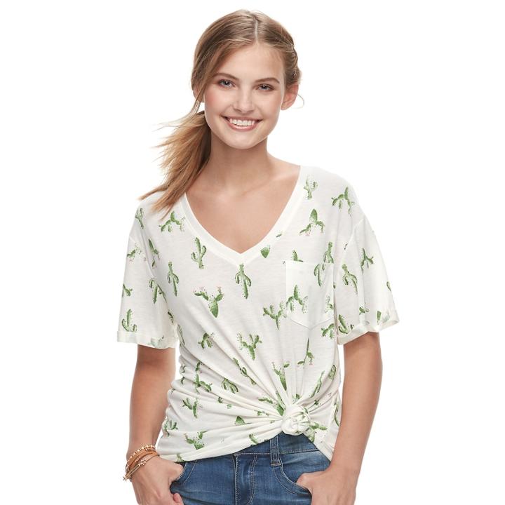 Juniors' Allover Cactus V-neck Graphic Tee, Teens, Size: Medium, Lt Beige