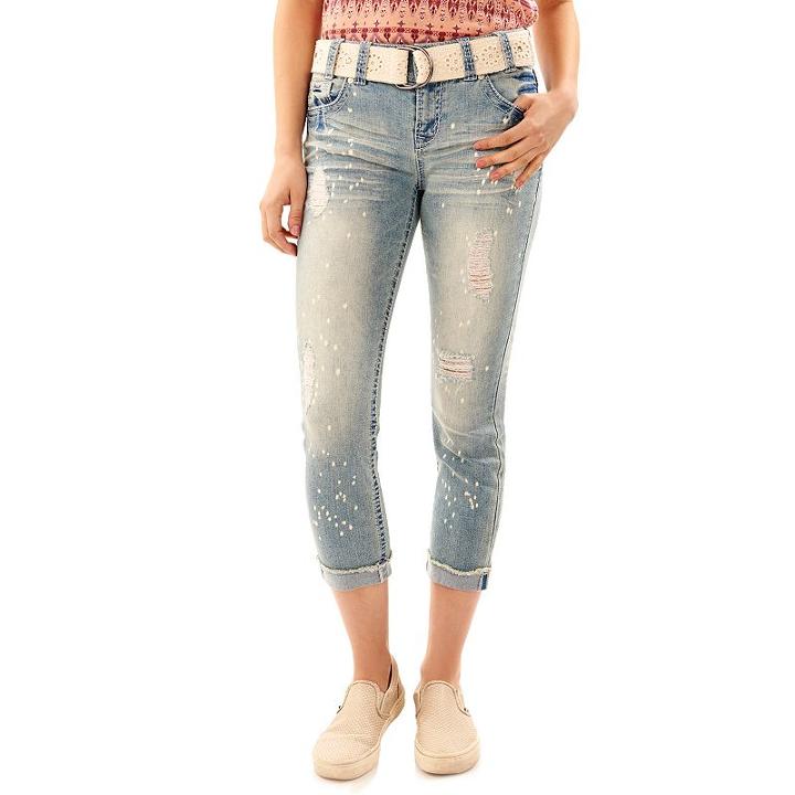 Juniors' Wallflower Luscious Curvy Ripped Splatter Jean Capris, Teens, Size: 9, Turquoise/blue (turq/aqua)