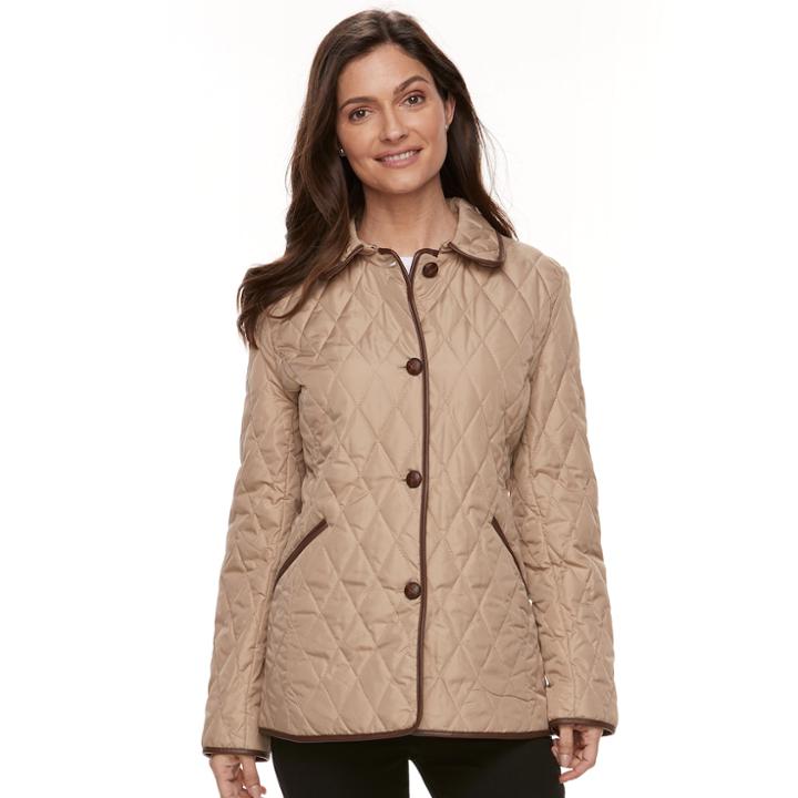 Women's Chaps Faux-leather Trim Quilted Jacket, Size: Medium, Dark Beige