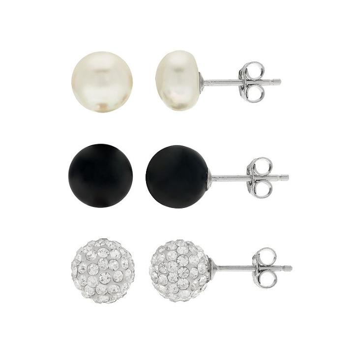 Pearlustre By Imperial Freshwater Cultured Pearl, Black Agate & Crystal Stud Earring Set, Women's, White