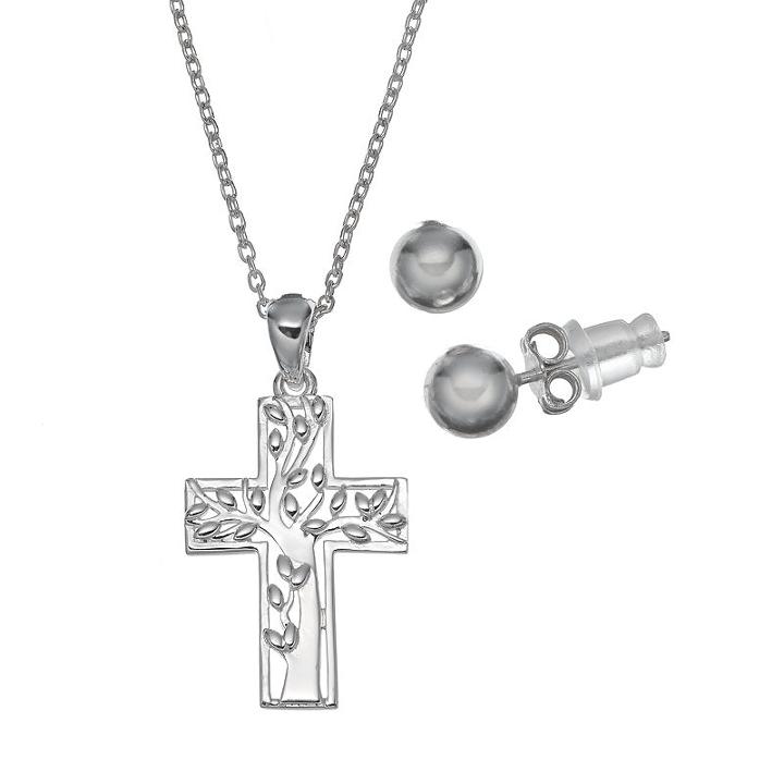 Pure 925 Sterling Silver Family Tree Cross Pendant Necklace & Stud Earring Set, Women's, Size: 18, Grey