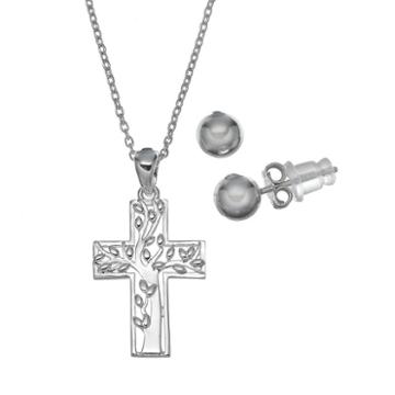 Pure 925 Sterling Silver Family Tree Cross Pendant Necklace & Stud Earring Set, Women's, Size: 18, Grey