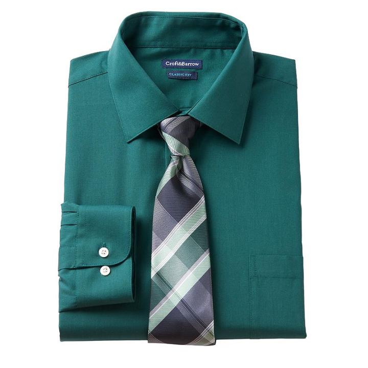 Men's Croft & Barrow&reg; Classic-fit Stretch-collar Dress Shirt And Patterned Tie Boxed Set, Size: S 32-33, Dark Green