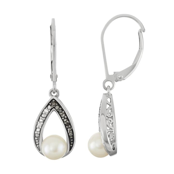 Sterling Silver Freshwater Cultured Pearl & Diamond Accent Teardrop Earrings, White