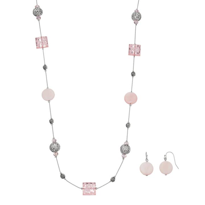 Bead Long Station Necklace & Drop Earring Set, Women's, Pink