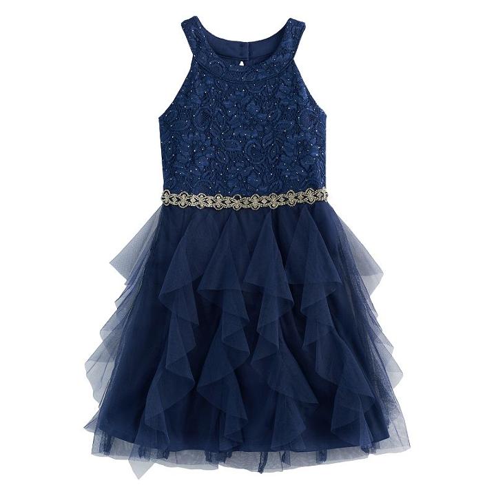Girls 7-16 My Michelle Lace Bodice & Waterfall Skirt Dress, Size: Medium (14), Blue
