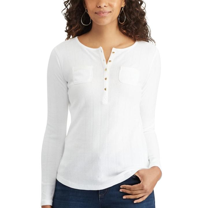 Women's Chaps Pocket Henley, Size: Medium, White