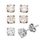 Cubic Zirconia 24k Gold Over Silver, 18k Rose Gold Over Silver & Sterling Silver Stud Earring Set, Women's, White