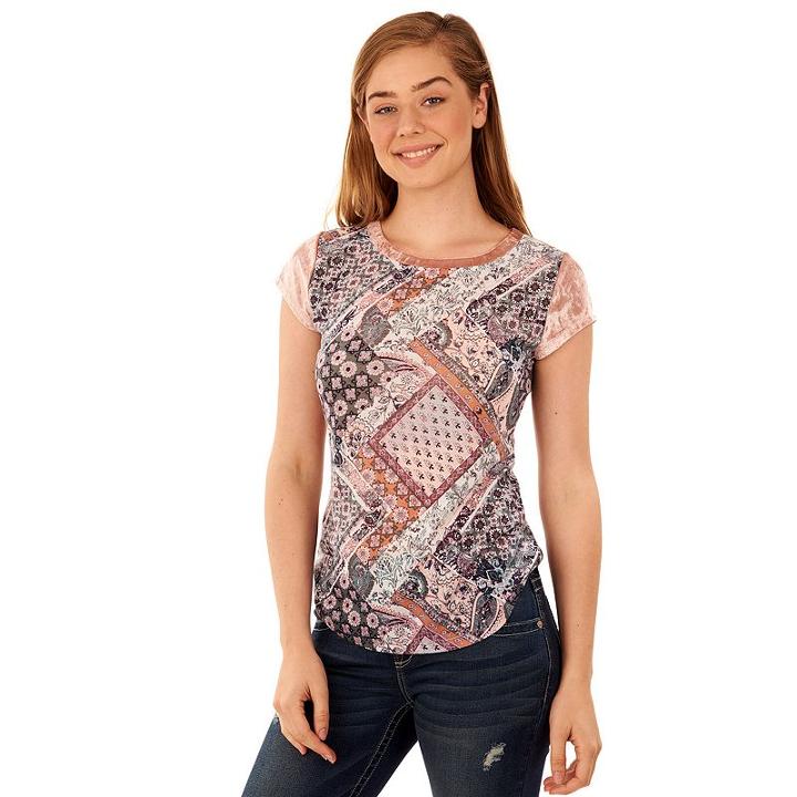 Juniors' Wallflower Print Velour Sleeve Tee, Teens, Size: Medium, Pink Ovrfl