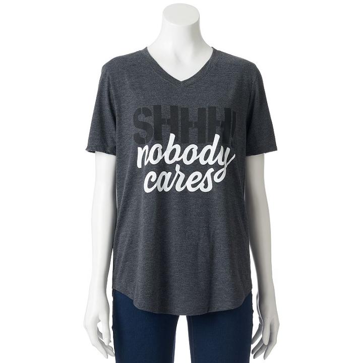 Juniors' Awake Shhh Nobody Cares V-neck Graphic Tee, Girl's, Size: Small, Dark Grey
