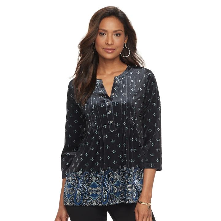 Women's Croft & Barrow&reg; Print Pleated Velvet Henley Top, Size: Xs, Med Blue
