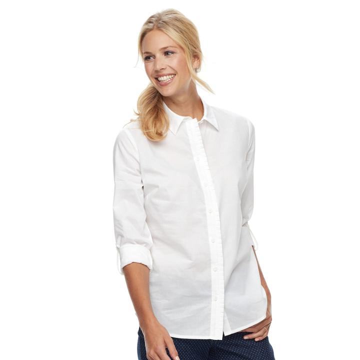 Women's Croft & Barrow&reg; Ruffle Placket Button-down Shirt, Size: Medium, White