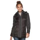 Women's D.e.t.a.i.l.s Hooded Mixed-media Puffer Jacket, Size: Large, Black