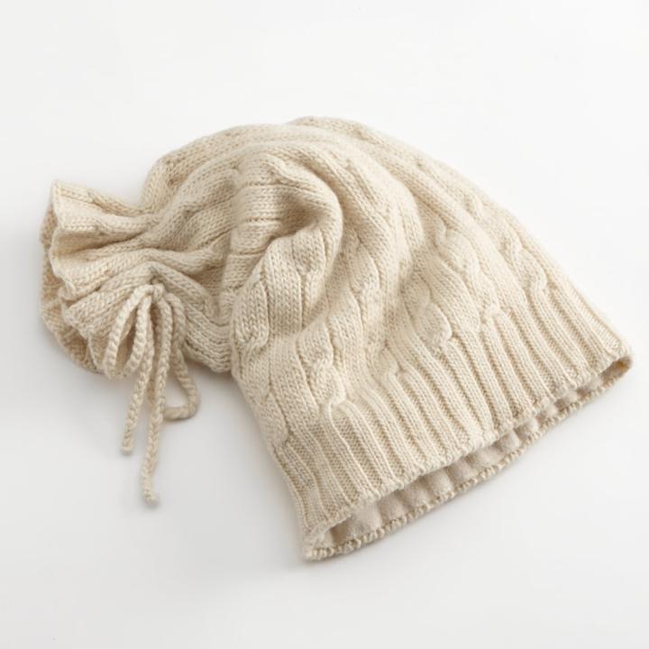 Sijjl Tie-top Floppy Long Wool Beanie, Women's, Beige