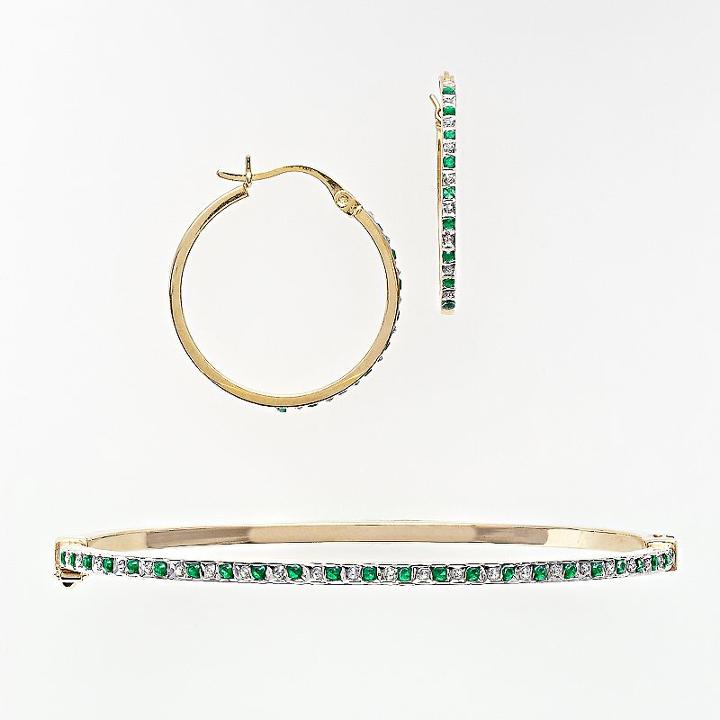 18k Gold Over Silver Emerald And Diamond Accent Bracelet And Earring Set, Women's, Green