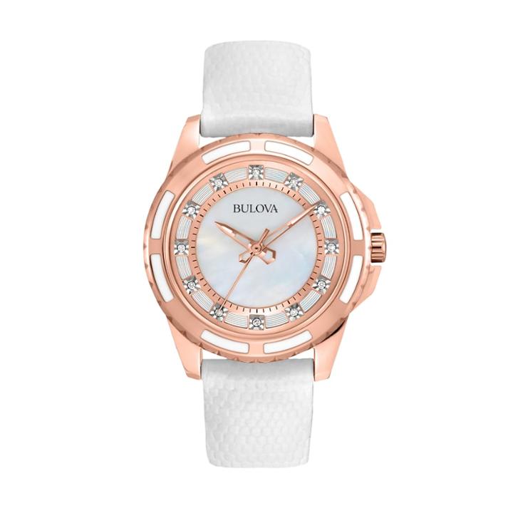 Bulova Stainless Steel Rose Gold Tone Diamond Accent & Mother-of-pearl Leather Watch - 98p119 - Women, White