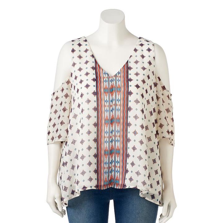 Juniors' Plus Size Heartsoul Print Cold-shoulder Top, Teens, Size: 2xl, Med Red