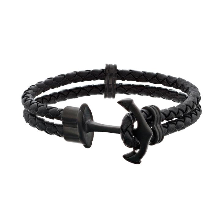 Lynx Men's Braided Black Leather Anchor Bracelet, Silver