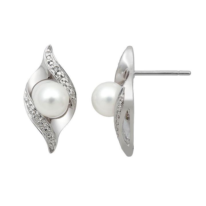 Sterling Silver Freshwater Cultured Pearl And Diamond Accent Swirl Drop Earrings, Women's, White