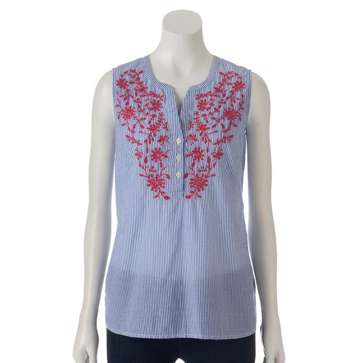 Women's Croft & Barrow&reg; Embroidered Henley Tank, Size: Large, Blue