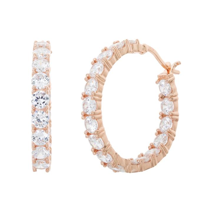 18k Rose Gold Over Silver Cubic Zirconia Hoop Earrings, Women's, White