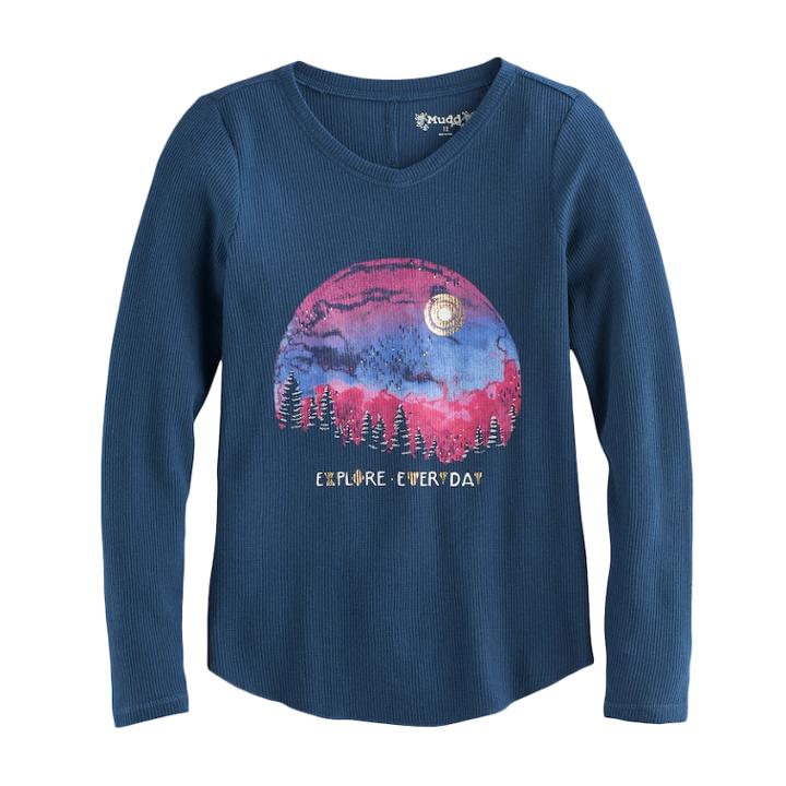 Girls 7-16 & Plus Size Mudd&reg; V-neck Thermal Graphic Tee, Size: 7-8, Med Blue