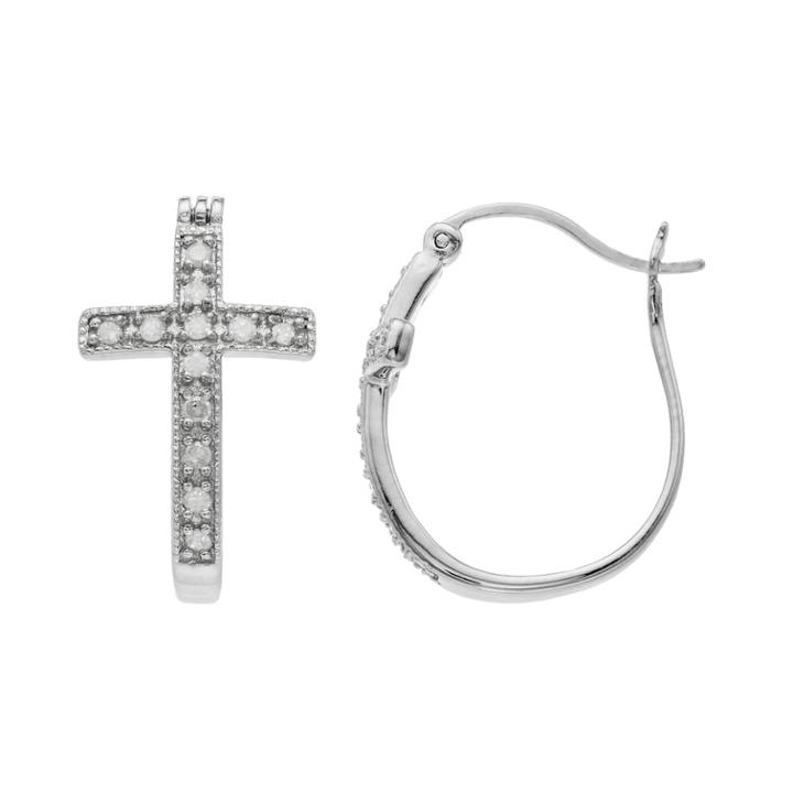 Sterling Silver 1/4 Carat T.w. Diamond Cross U-hoop Earrings, Women's, White