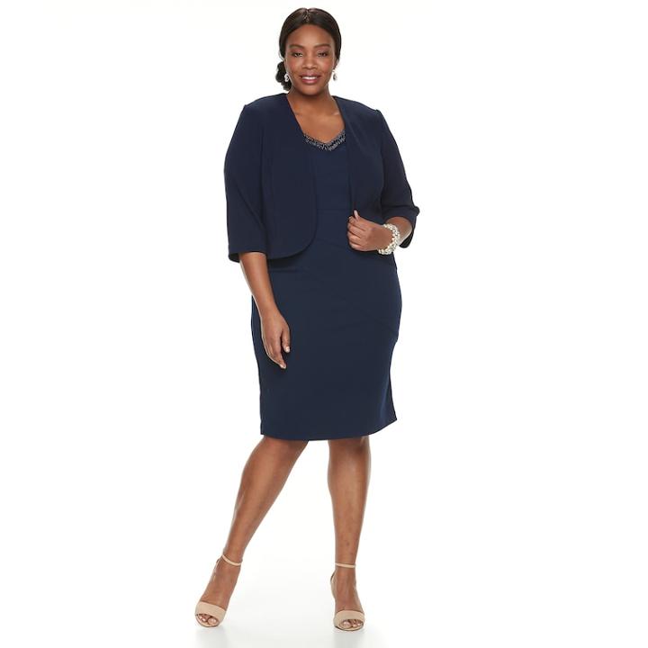 Plus Size Maya Brooke Embellished Dress & Jacket Set, Women's, Size: 18 W, Blue (navy)