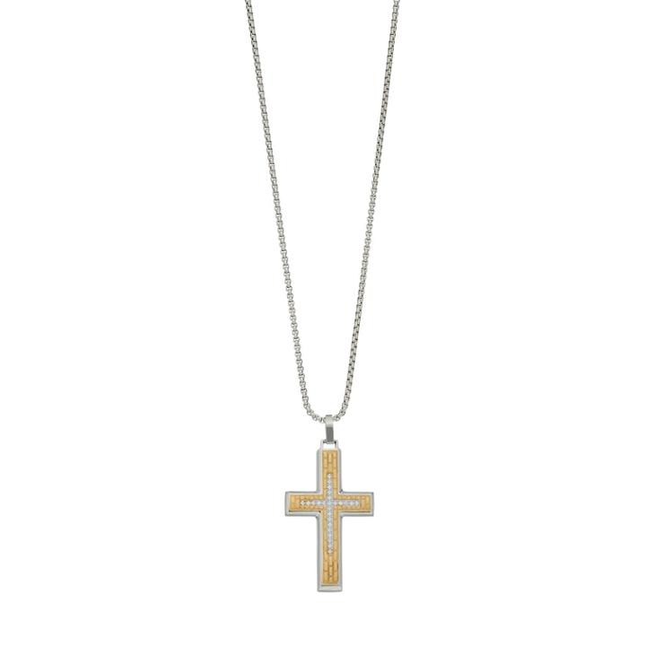 Lynx Men's Two Tone Stainless Steel Cubic Zirconia Cross Pendant Necklace, Size: 24, Silver