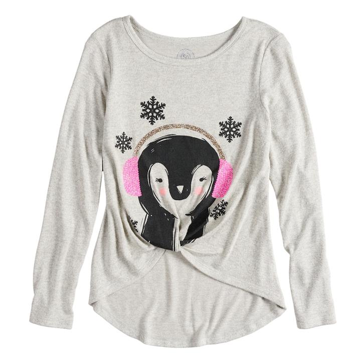 Girls 7-16 & Plus Size So&reg; Cozy Front Knot Long Sleeve Graphic Tee, Size: 14, Light Grey