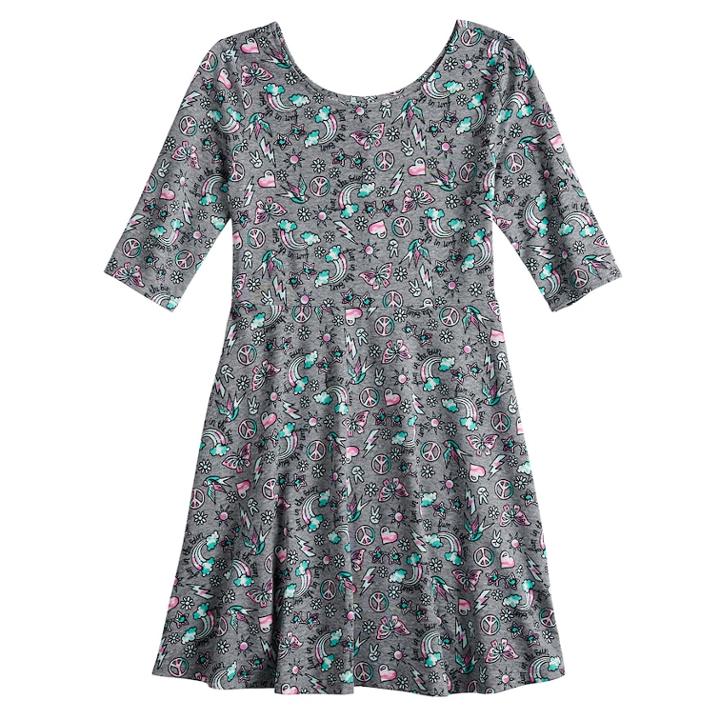 Girls 7-16 & Plus Size So&reg; Elbow Sleeve Graphic Print Skater Dress, Size: 16 1/2, Med Grey
