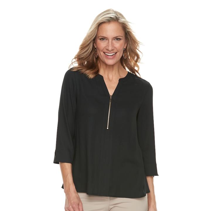 Women's Dana Buchman Zip-front Henley Top, Size: Small, Black