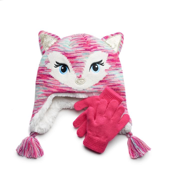 Girls 4-16 So&reg; Glitter Fox Hat & Gloves Set, Size: M-l, Dark Pink